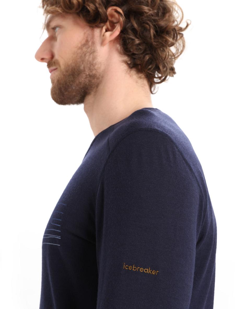 Midnight Navy Icebreaker Merino 200 Oasis Long Sleeve Crewe Ski Stripes Men's Base Layers | AU 1366WNBY